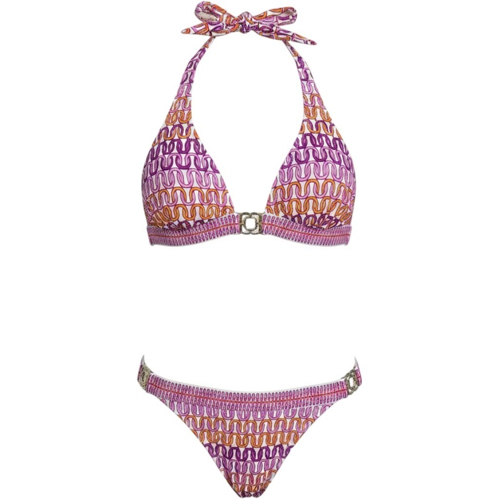 Trina Turk Geometric‎ Chain Print Halter Bikini Set Purple Orange Gold Size 10